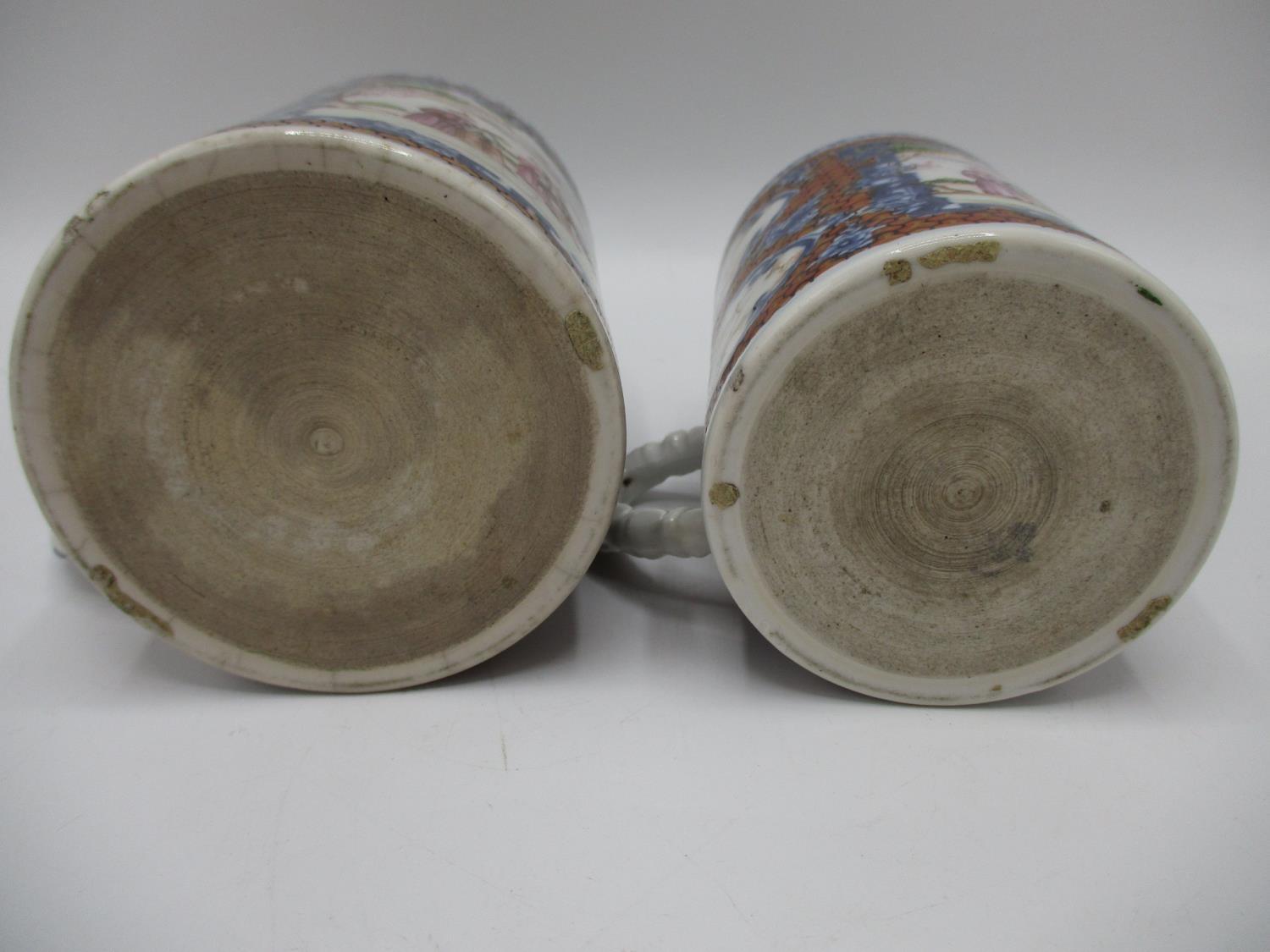 Two similar late 18th century Chinese Qing Dynasty export tankards, decorated with a panel of - Image 4 of 6