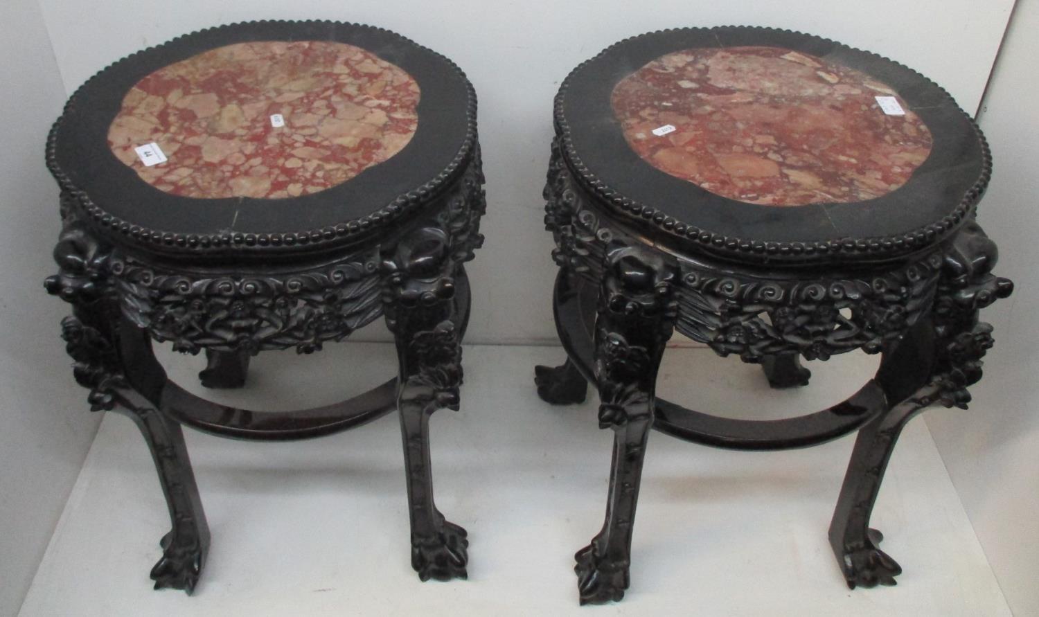 A pair of late 19th century Chinese carved hardwood tables with an inset marble, lobed top, a - Image 4 of 5