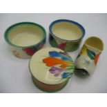 Clarice Cliff Bizarre pottery comprising of two sugar bowls, lids missing, 4" dia, a clog 4 1/2"l