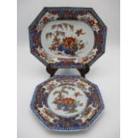 A late 18th century Chinese Imari meat plate and a plate of octagonal form decorated with panels