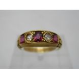 An Edwardian 18ct gold ring set with three rubies and two diamonds, Chester 1903, 3.8g, size N/O