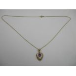A 14ct gold fine necklace 1.5g, with a 9ct gold heart shaped filigree pendant, set with amethyst,