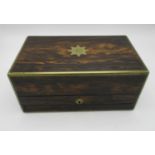 A Victorian Coromandel jewellery box retailed by Sampson Mordan & Co, inlaid with brass banding, the