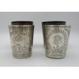 Two late Victorian silver beakers by Edwin Charles Purdie, London 1883 and 1887, both etched with