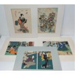 A collection of five 19th century Japanese woodblock prints, comprising three diptychs and two