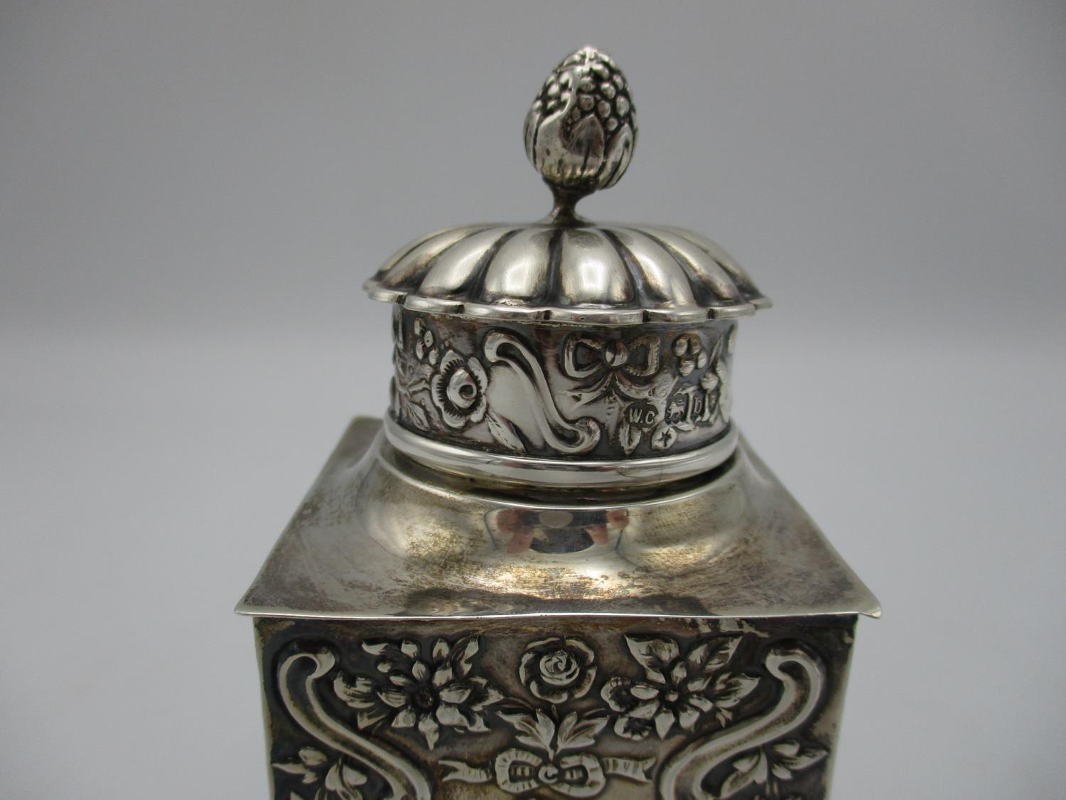 A Victorian silver tea caddy by William Comyns & Sons, London 1897, of rectangular form with - Image 2 of 4