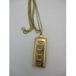 A 9ct gold ingot by DMW Birmingham 1982, 31.5g, on a 14ct gold box link necklace, 5.35g