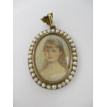 An Edwardian yellow metal oval pendant set with a portrait miniature and band of pearls and a glazed