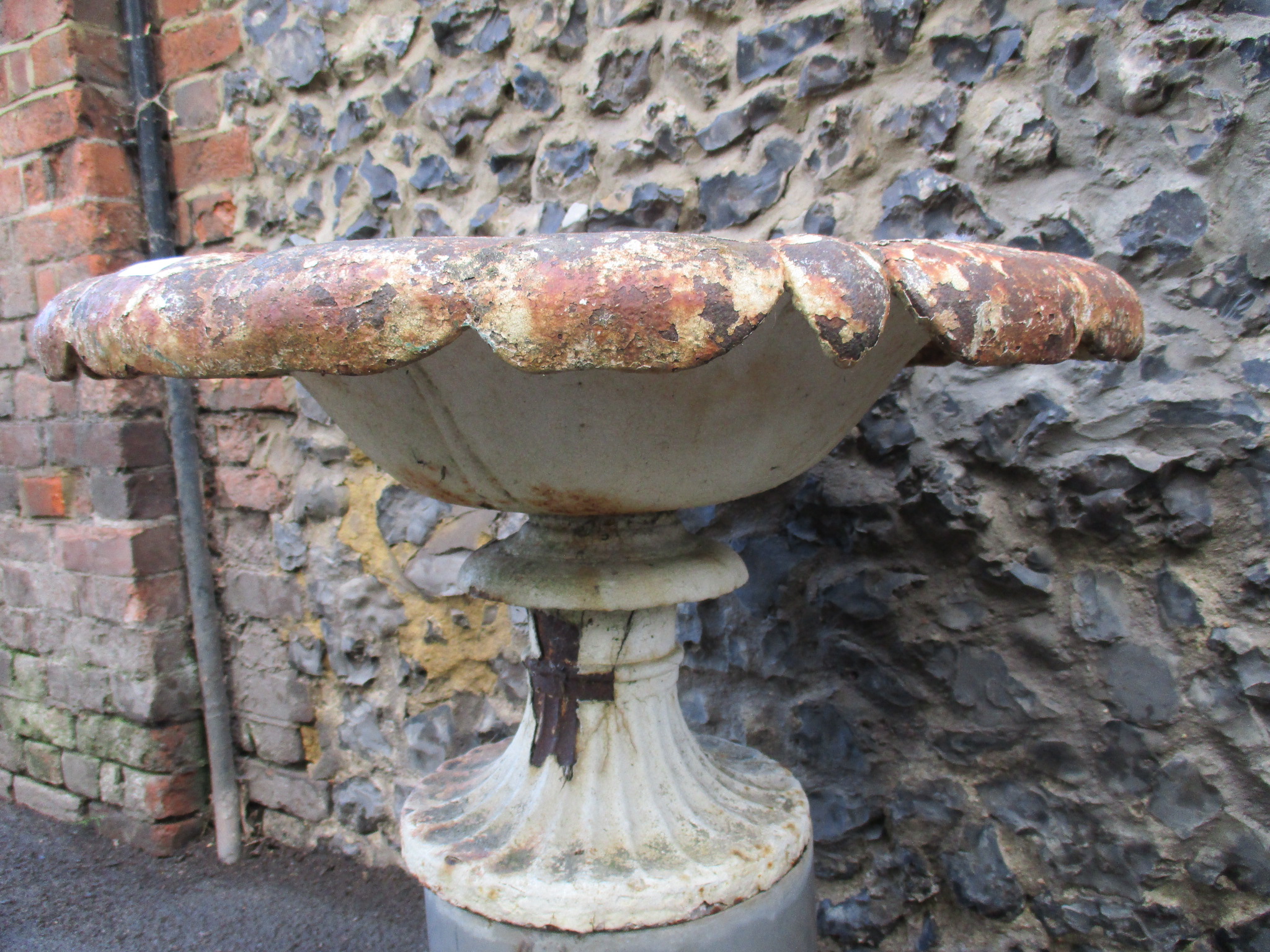 A Victorian part painted cast iron garden planter, the shallow bowl with a shaped, foldover rim, - Image 2 of 4