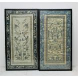 A pair of early 20th century Chinese silk sleeves, embroidered with figures, animals and floral