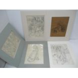 A collection of four Japanese woodblock Sumi-e (ink wash) preparatory drawings from the Utagawa