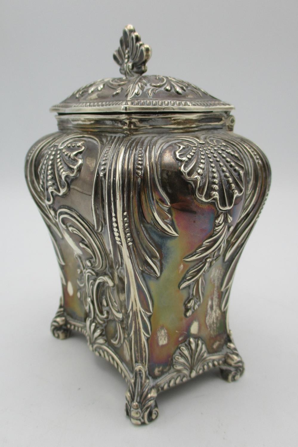 A Victorian silver tea caddy by Thomas Bradbury & Sons, London 1894, of bombe form with repousse - Image 4 of 7