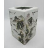 A large 20th century Chinese square porcelain brush pot, with naturalistic mountainous scenes to all