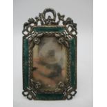 An Alexander III Russian silver and green enamel miniature frame with marks for Moscow 1860,