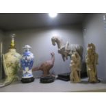 A mixed selection of oriental items to include a blue and white baluster vase and cover, two Shou