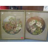 A pair of Victorian floral mixed medium paintings in glazed, gilt wood frames