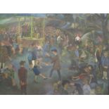 Mid 20th century British School - a park scene with figures dancing by a bandstand, oil on board