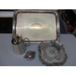 A mixed lot of silver and silver plate to include a silver burner and two silver plate trays