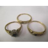 Two 18ct gold diamond and sapphire rings and a 9ct gold ring