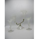 Attributed to John Walsh an Art Nouveau gilt metal and pearlescent glass, two branch epergne, with