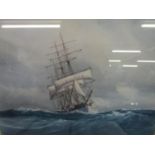 E.R Jones - sail boat at sea, a marine gouache painting, signed lower right corner, 25cm x 35cm,