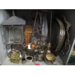 Silver plate metalware and wine related items to include trays, a wine funnel and lamp and other
