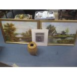 Two late 20th century oil paintings, a print of a Labrador and a Powell Bristol brown glazed
