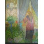 Celeste Radloff - In the Garden room - oil on board, artist monogram to lower left corner, 36cm x