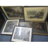 Engravings and prints to include 18th century Hogarth etchings