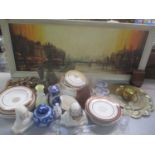 A mixed lot to include a Belleek vase, an early 20th century Chinese ginger jar, brass tray,