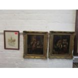 A pair of 20th century Dutch style scenes, each with figures, oil on board in gilt frames and J