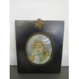 An Edwardian miniature portrait watercolour of a young girl waving a head covering, glazed frame,