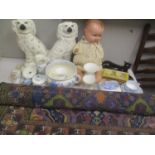 A mixed lot to include a Middle Eastern rug, vintage doll, photo cards and miscellaneous ornaments