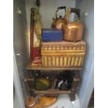 A mixed lot to include a Queen Anne style oak stool, a Bakelite black telephone, copper kettles, a
