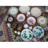 Ribbon plates, pictorial plates and bell ornaments in china and brass, together with a framed pot