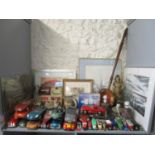 A mixed lot of framed and glazed pictures, diecast motor cars and buses, various ornaments to