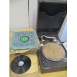 Early wind-up 'Linguaphone' portable gramophone player with selection of 78rpm records including