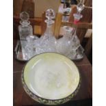 Glassware to include three decanters, a carafe, a Servex plated tray and other items