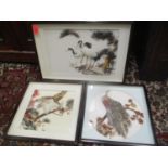 Three oriental feather pictures depicting birds
