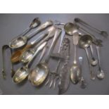 A selection of mixed silver to include teaspoons, sugar tongs and other items