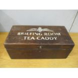 An RAF Briefing Room tea caddy with hinged lid and brass lock, 16cm h x 40 cm w x 20 cm deep