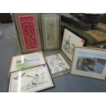 A group of framed and glazed pictures to include two Chinese embroideries, two coastal pastel scenes
