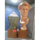 A 20th century bronze Buddha bust 24 cm high, together with a terracotta bust of David 37 cm high on