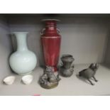 A mixed lot of oriental items to include a Chinese late 20th century Celadon glazed vase (lamped),