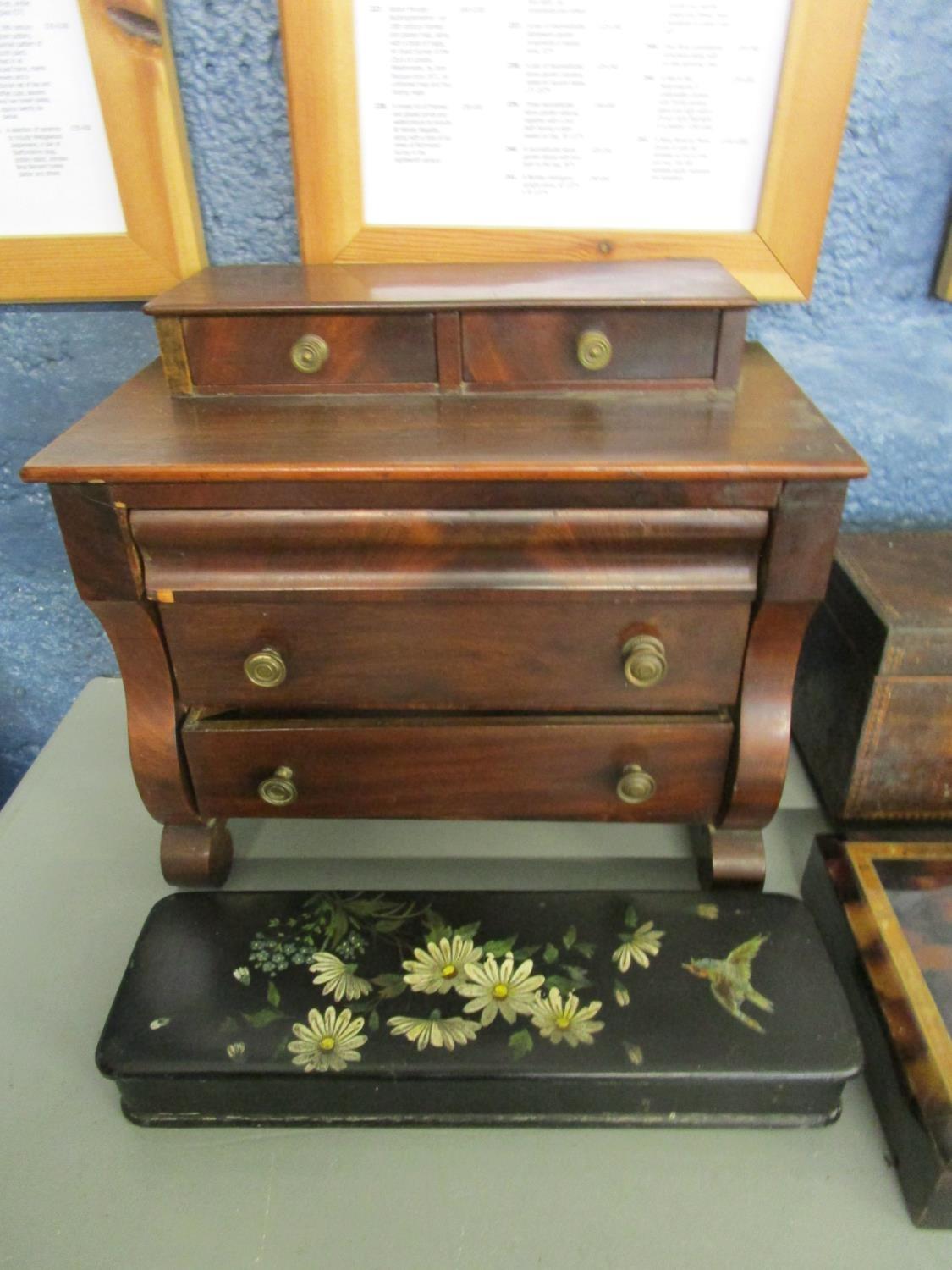 A selection of wooden boxed to include a Victorian papermache glove box, two miniature chests in the - Image 4 of 4