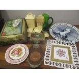 French items to include a late 19th century bronze plaque in a frame, a Quimper plate, plates,