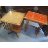 A reproduction mahogany swivel topped table having a leather top and four splayed legs, together