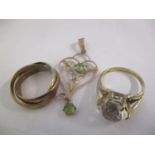 Jewellery to include a 9ct gold ring set with a clear stone, a Russian ring and a Victorian pendant