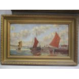 J Wilson - a harbour scene, oil on canvas in a gilt frame 45cm x 25cm