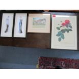 Two fashion watercolours signed P Watmore and two framed and glazed print, one of the Cricketers